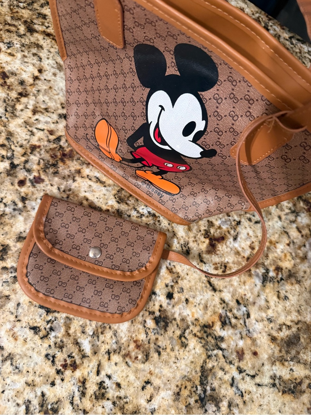 Mickey Graphic Tote with Coin Pouch - Brown/Tan